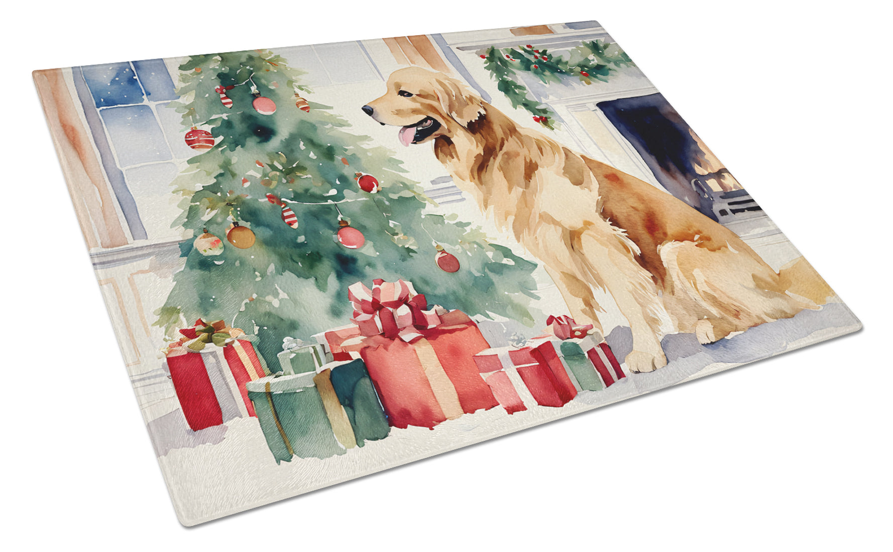 Golden Retriever Cozy Christmas Cutting Board Tempered Glass Kitchen Cutting Surface, Heat Resistant Chopping, Non-Slip Feet, Food Prep & Serving