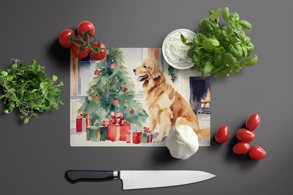 Golden Retriever Cozy Christmas Cutting Board Tempered Glass Kitchen Cutting Surface, Heat Resistant Chopping, Non-Slip Feet, Food Prep & Serving