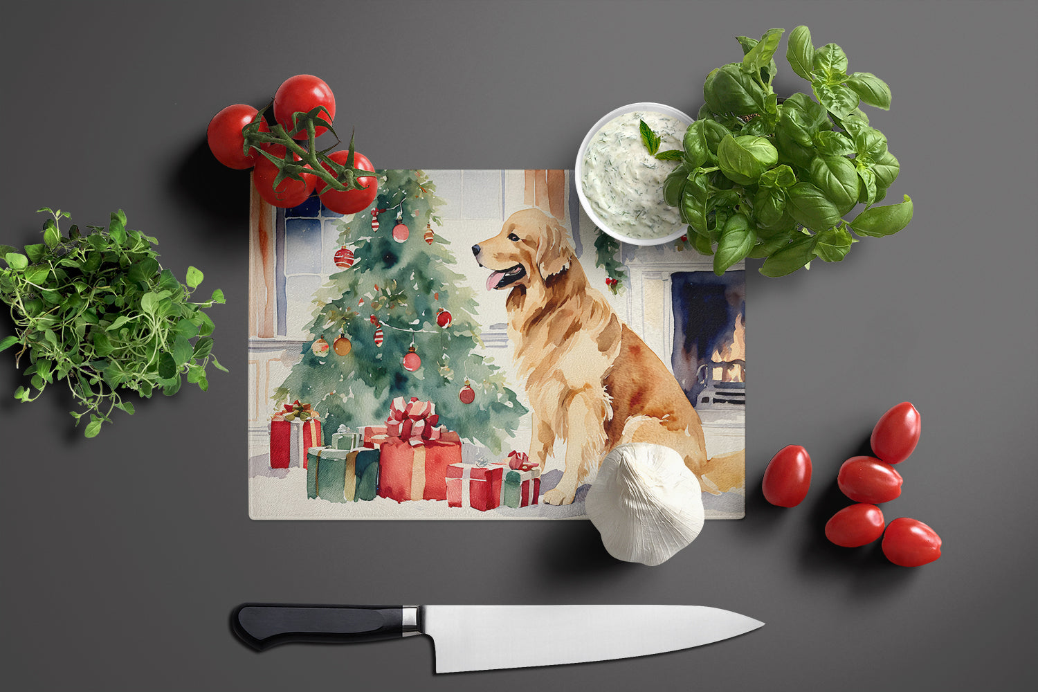 Golden Retriever Cozy Christmas Cutting Board Tempered Glass Kitchen Cutting Surface, Heat Resistant Chopping, Non-Slip Feet, Food Prep & Serving