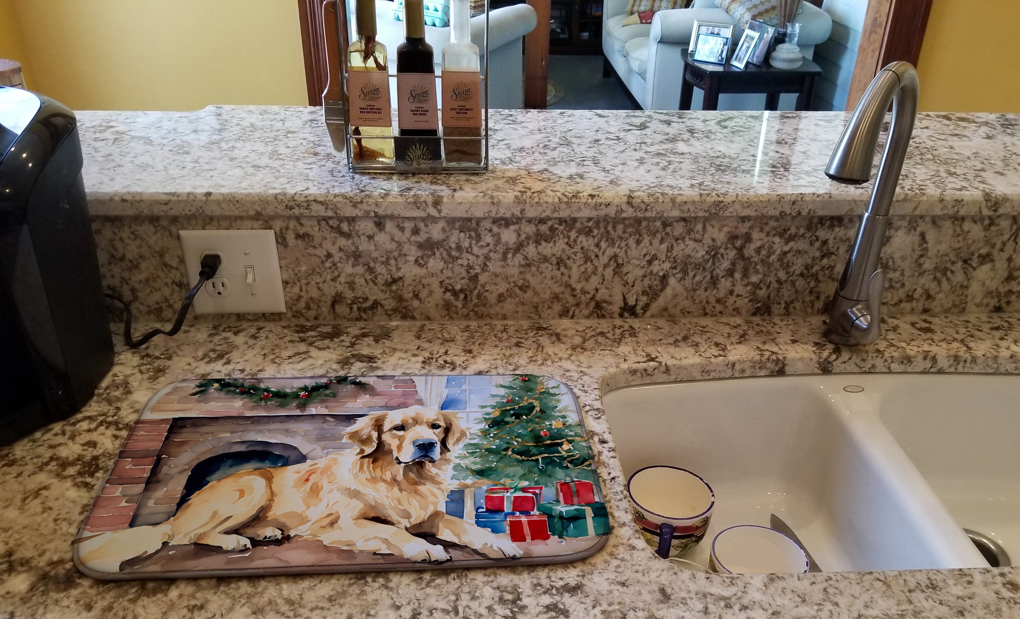 Golden Retriever Cozy Christmas Dish Drying Mat Absorbent Dish Drying Mat Pad for Kitchen Counter Dish Drainer Mat for Countertop, 14 x 21", Multicolor