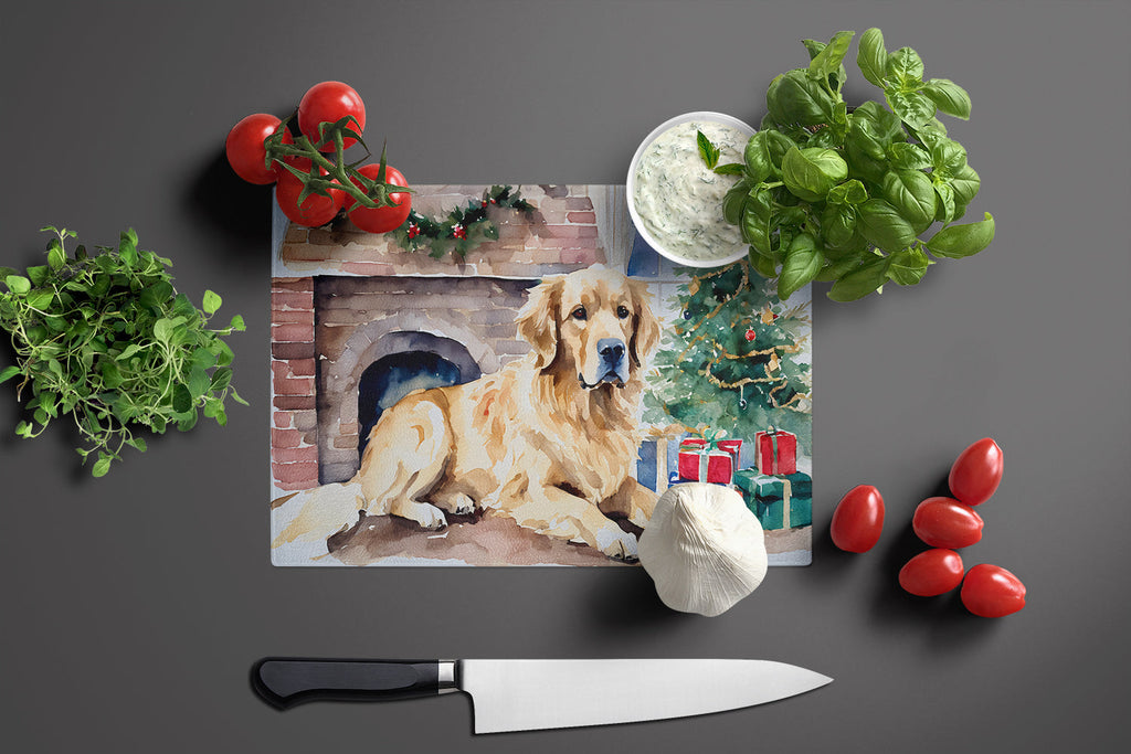 Golden Retriever Cozy Christmas Cutting Board Tempered Glass Kitchen Cutting Surface, Heat Resistant Chopping, Non-Slip Feet, Food Prep & Serving