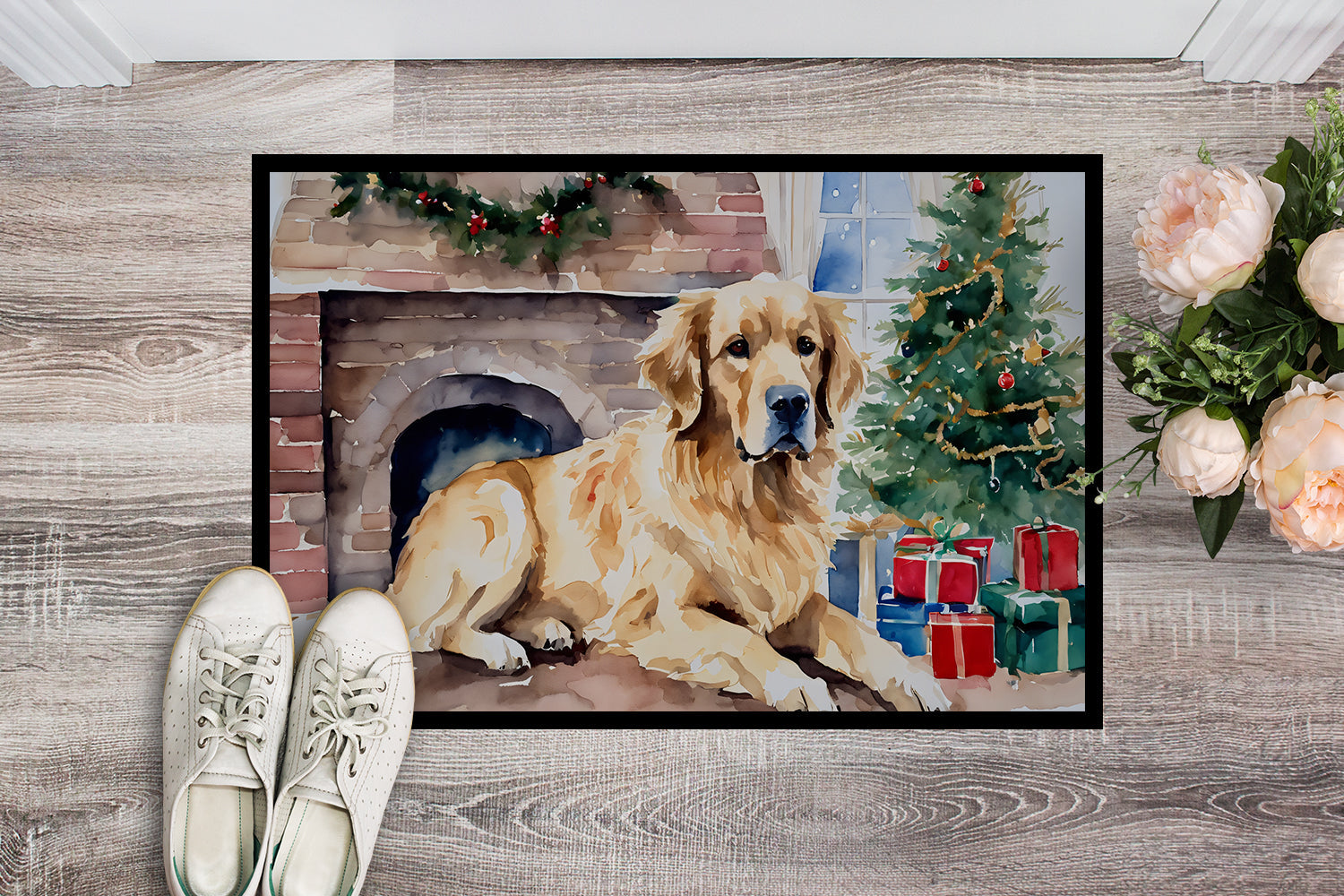 Golden Retriever Cozy Christmas Doormat Indoor Outdoor 18H X 27W Front Door Mat Rugs for Entryway, Non Slip Washable