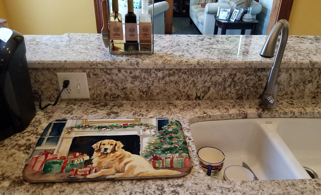 Golden Retriever Cozy Christmas Dish Drying Mat Absorbent Dish Drying Mat Pad for Kitchen Counter Dish Drainer Mat for Countertop, 14 x 21", Multicolor