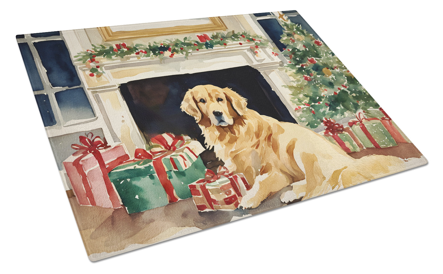 Golden Retriever Cozy Christmas Cutting Board Tempered Glass Kitchen Cutting Surface, Heat Resistant Chopping, Non-Slip Feet, Food Prep & Serving