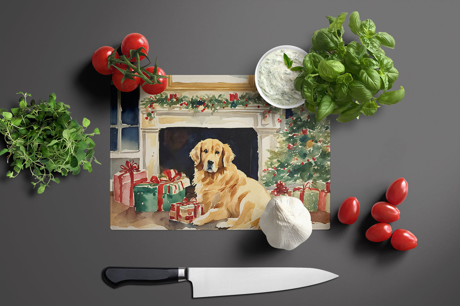 Golden Retriever Cozy Christmas Cutting Board Tempered Glass Kitchen Cutting Surface, Heat Resistant Chopping, Non-Slip Feet, Food Prep & Serving