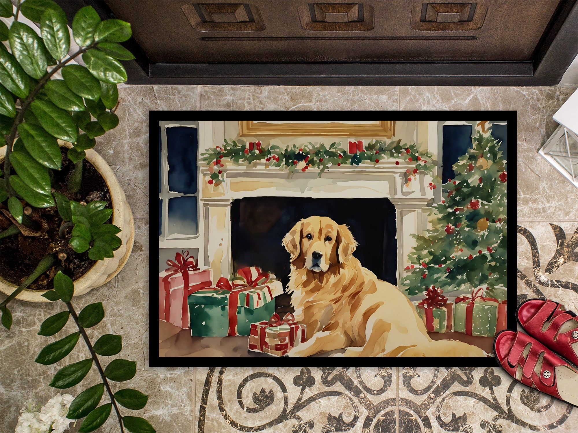 Golden Retriever Cozy Christmas Doormat Indoor Outdoor 18H X 27W Front Door Mat Rugs for Entryway, Non Slip Washable