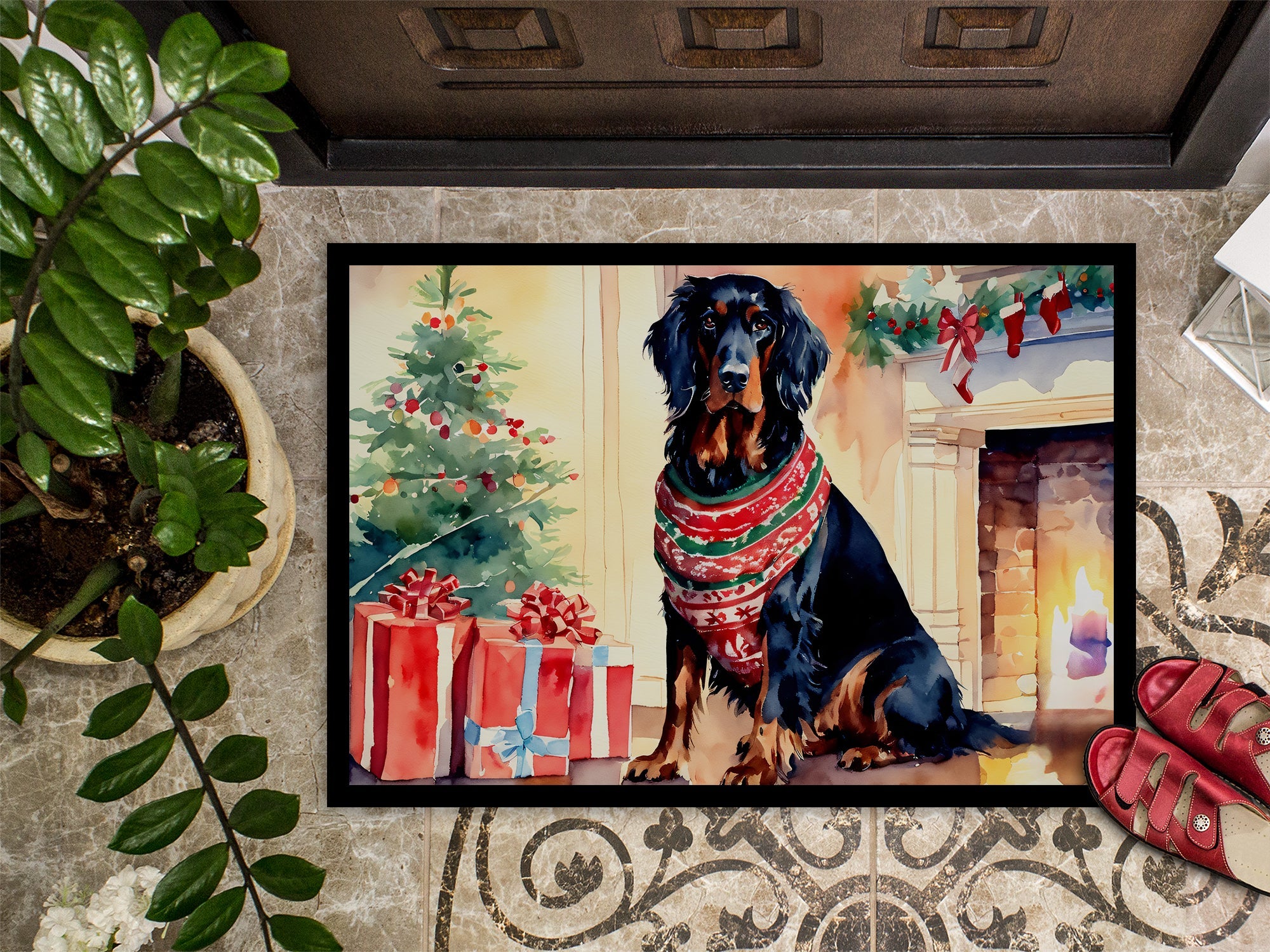 Gordon Setter Cozy Christmas Doormat Indoor Outdoor 24H X 36W Front Door Mat Rugs for Entryway, Non Slip Washable Low Pile,