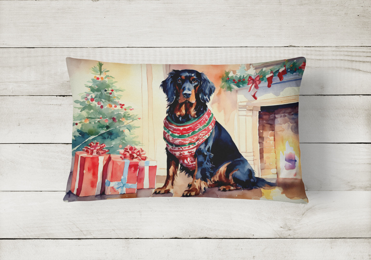 Gordon Setter Cozy Christmas Decorative Throw Pillow 12x16 Indoor Outdoor Accent Cushion, Fabric Cover with Insert for Sofa, Bed, Porch & Living Room