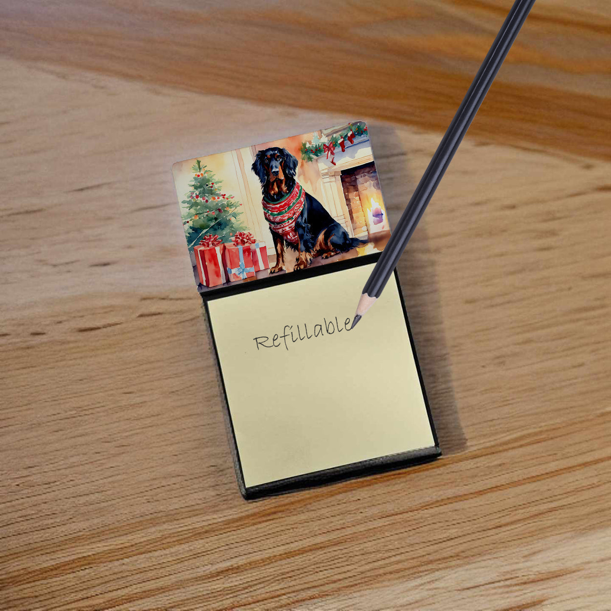 Gordon Setter Cozy Christmas Watercolor Sticky Note Holder Refillable Dispenser Desk Accessory 3x3 Pad Gift