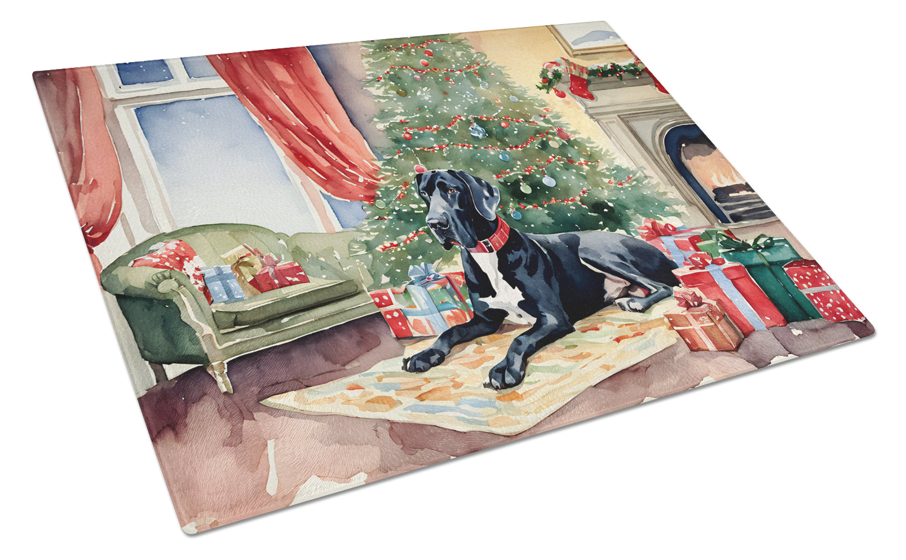 Great Dane Cozy Christmas Cutting Board Tempered Glass Kitchen Cutting Surface, Heat Resistant Chopping, Non-Slip Feet, Food Prep & Serving