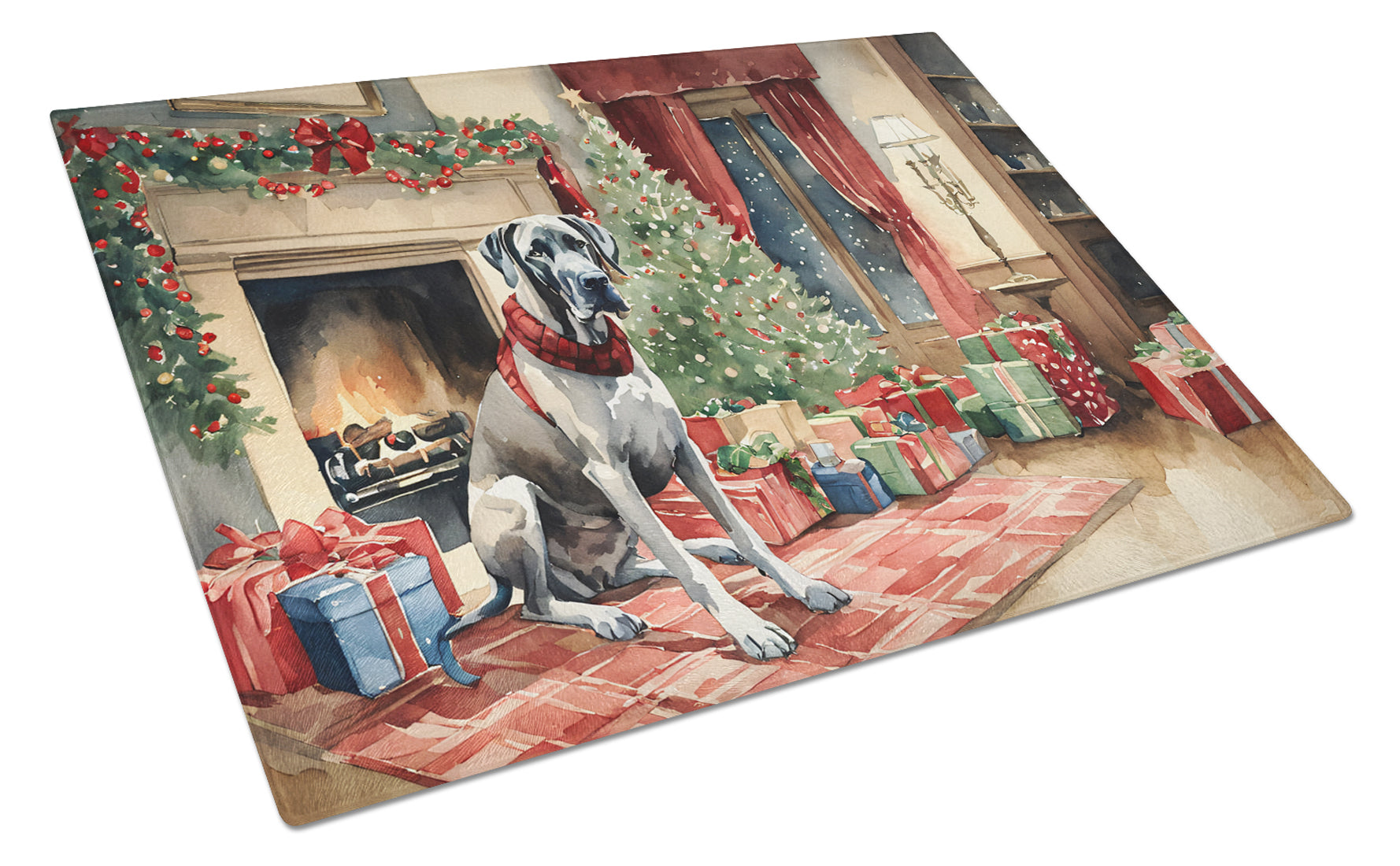 Great Dane Cozy Christmas Cutting Board Tempered Glass Kitchen Cutting Surface, Heat Resistant Chopping, Non-Slip Feet, Food Prep & Serving