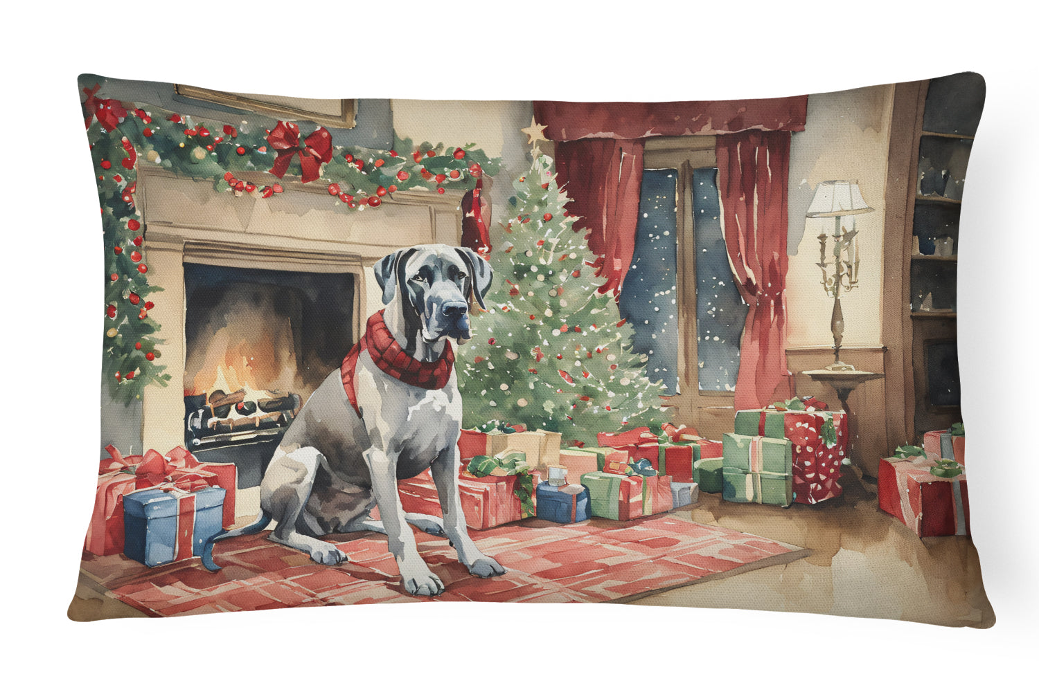 Great Dane Cozy Christmas Decorative Throw Pillow 12x16 Indoor Outdoor Accent Cushion, Fabric Cover with Insert for Sofa, Bed, Porch & Living Room