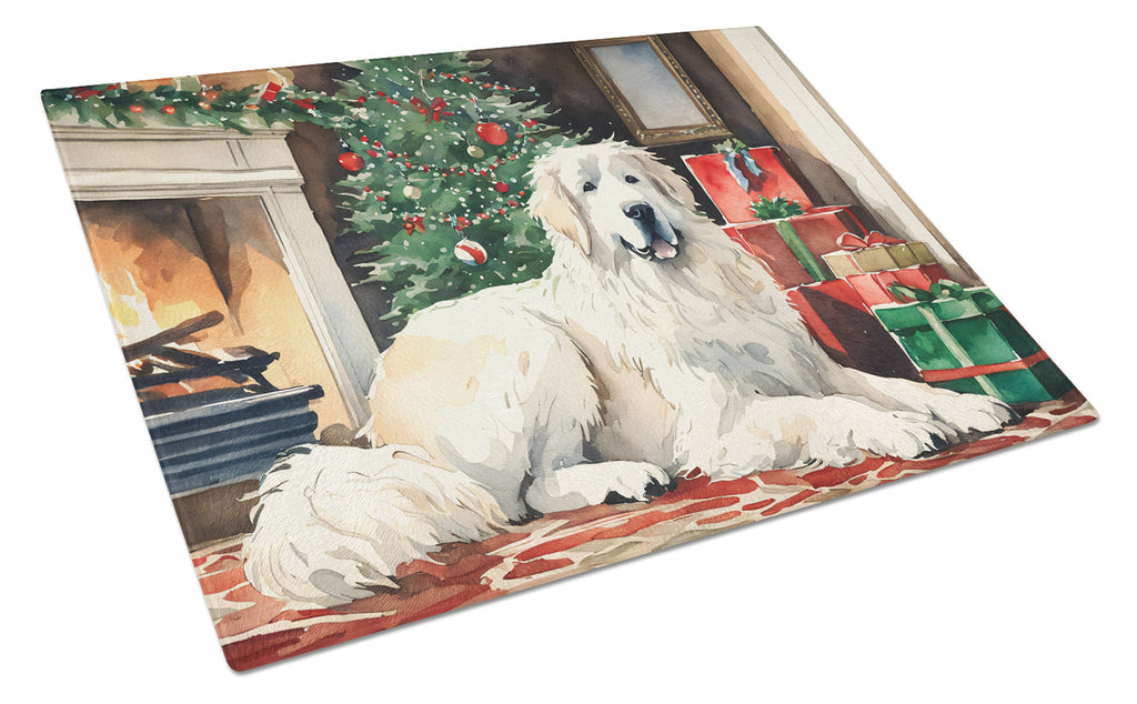 Great Pyrenees Cozy Christmas Cutting Board Tempered Glass Kitchen Cutting Surface, Heat Resistant Chopping, Non-Slip Feet, Food Prep & Serving