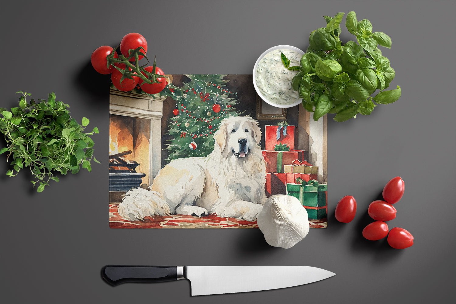 Great Pyrenees Cozy Christmas Cutting Board Tempered Glass Kitchen Cutting Surface, Heat Resistant Chopping, Non-Slip Feet, Food Prep & Serving