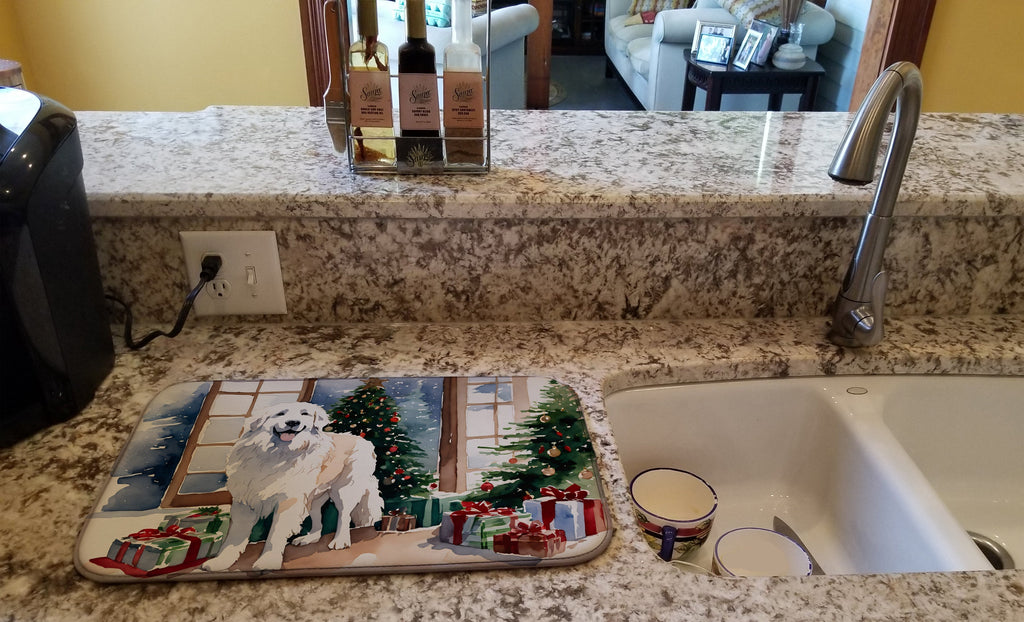 Great Pyrenees Cozy Christmas Dish Drying Mat Absorbent Dish Drying Mat Pad for Kitchen Counter Dish Drainer Mat for Countertop, 14 x 21", Multicolor