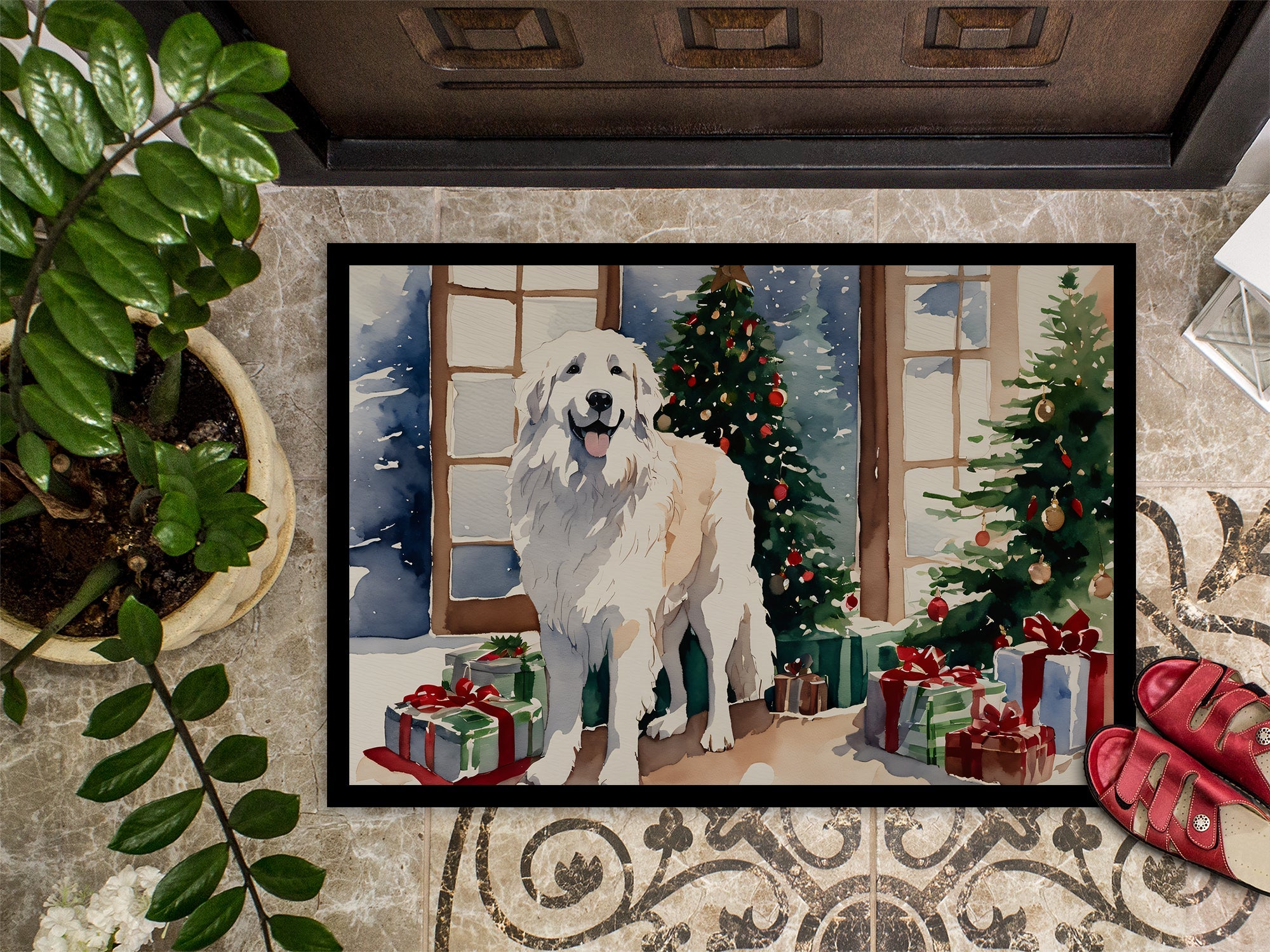 Great Pyrenees Cozy Christmas Doormat Indoor Outdoor 24H X 36W Front Door Mat Rugs for Entryway, Non Slip Washable Low Pile,