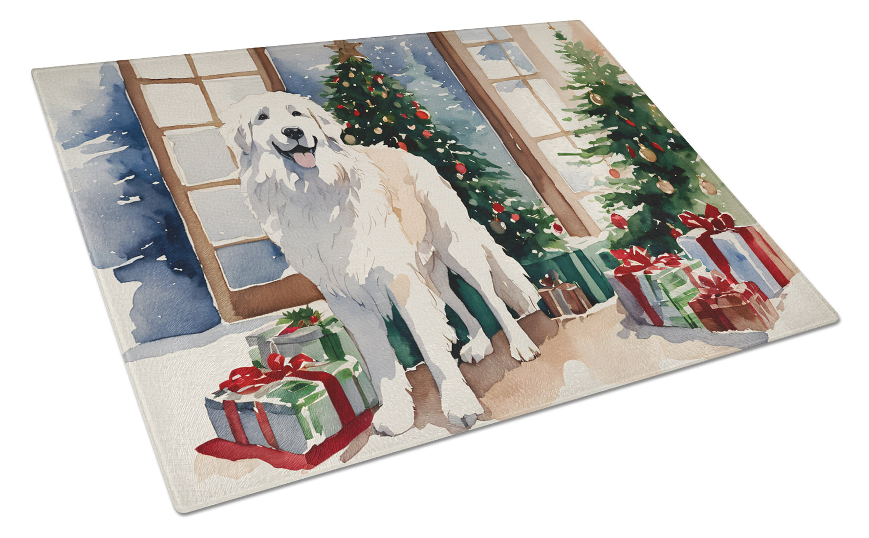 Great Pyrenees Cozy Christmas Cutting Board Tempered Glass Kitchen Cutting Surface, Heat Resistant Chopping, Non-Slip Feet, Food Prep & Serving