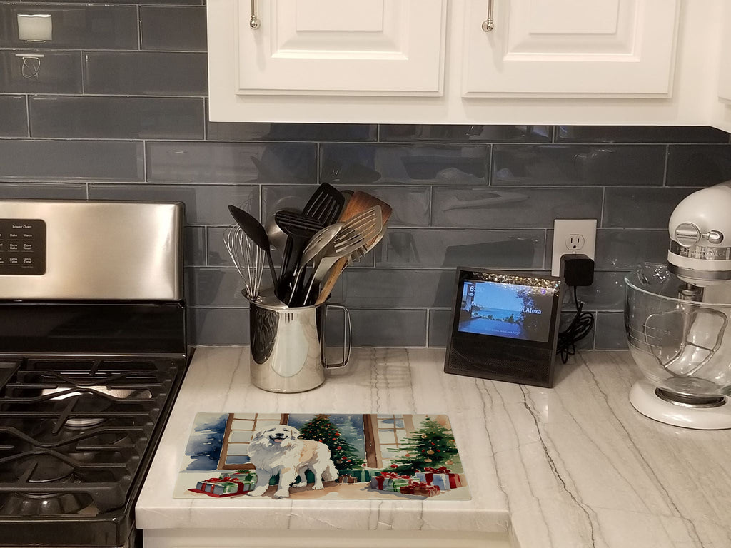 Great Pyrenees Cozy Christmas Cutting Board Tempered Glass Kitchen Cutting Surface, Heat Resistant Chopping, Non-Slip Feet, Food Prep & Serving