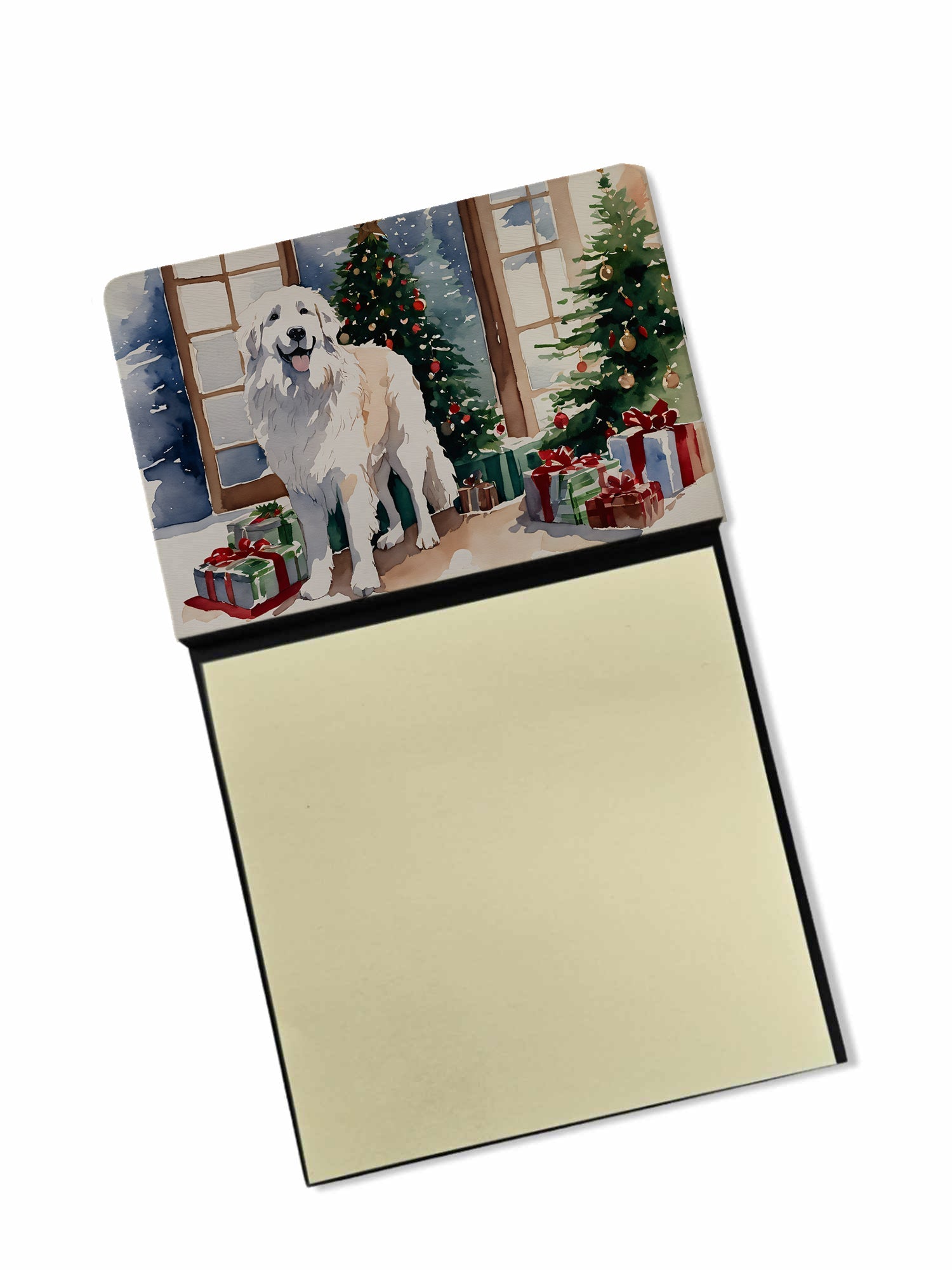 Great Pyrenees Cozy Christmas Watercolor Sticky Note Holder Refillable Dispenser Desk Accessory 3x3 Pad Gift