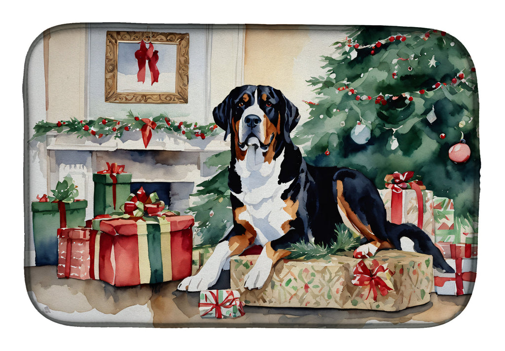 Greater Swiss Mountain Dog Cozy Christmas Dish Drying Mat Absorbent Dish Drying Mat Pad for Kitchen Counter Dish Drainer Mat for Countertop, 14 x 21", Multicolor