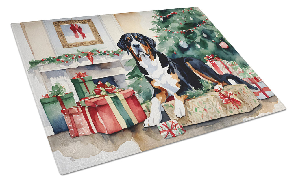 Greater Swiss Mountain Dog Cozy Christmas Cutting Board Tempered Glass Kitchen Cutting Surface, Heat Resistant Chopping, Non-Slip Feet, Food Prep & Serving