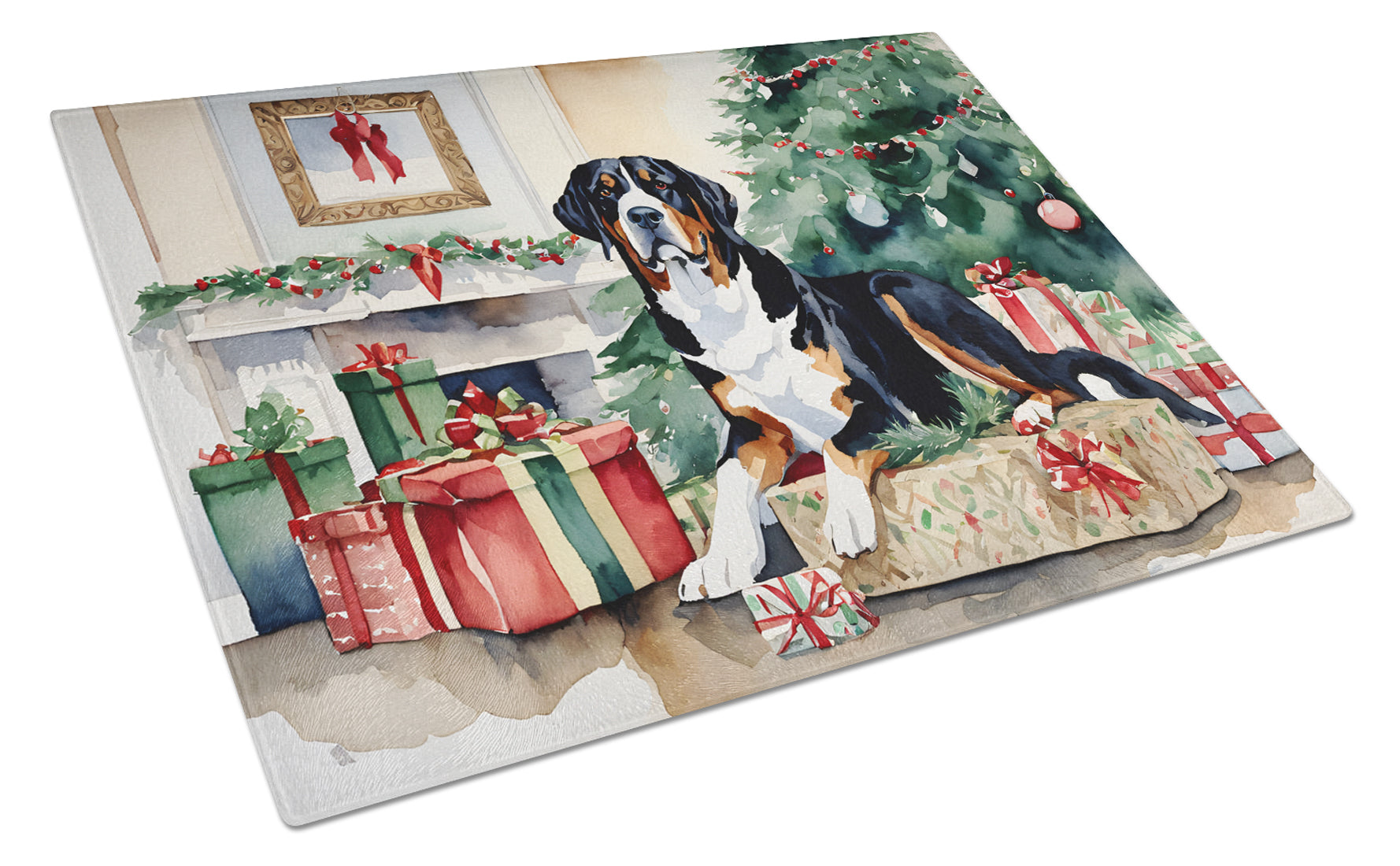Greater Swiss Mountain Dog Cozy Christmas Cutting Board Tempered Glass Kitchen Cutting Surface, Heat Resistant Chopping, Non-Slip Feet, Food Prep & Serving