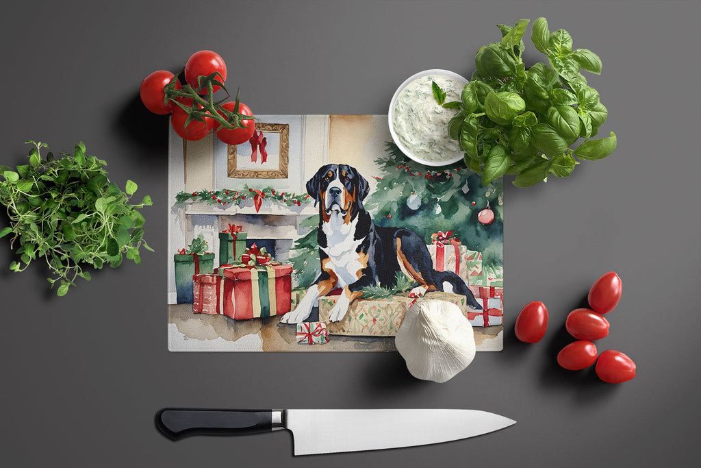 Greater Swiss Mountain Dog Cozy Christmas Cutting Board Tempered Glass Kitchen Cutting Surface, Heat Resistant Chopping, Non-Slip Feet, Food Prep & Serving