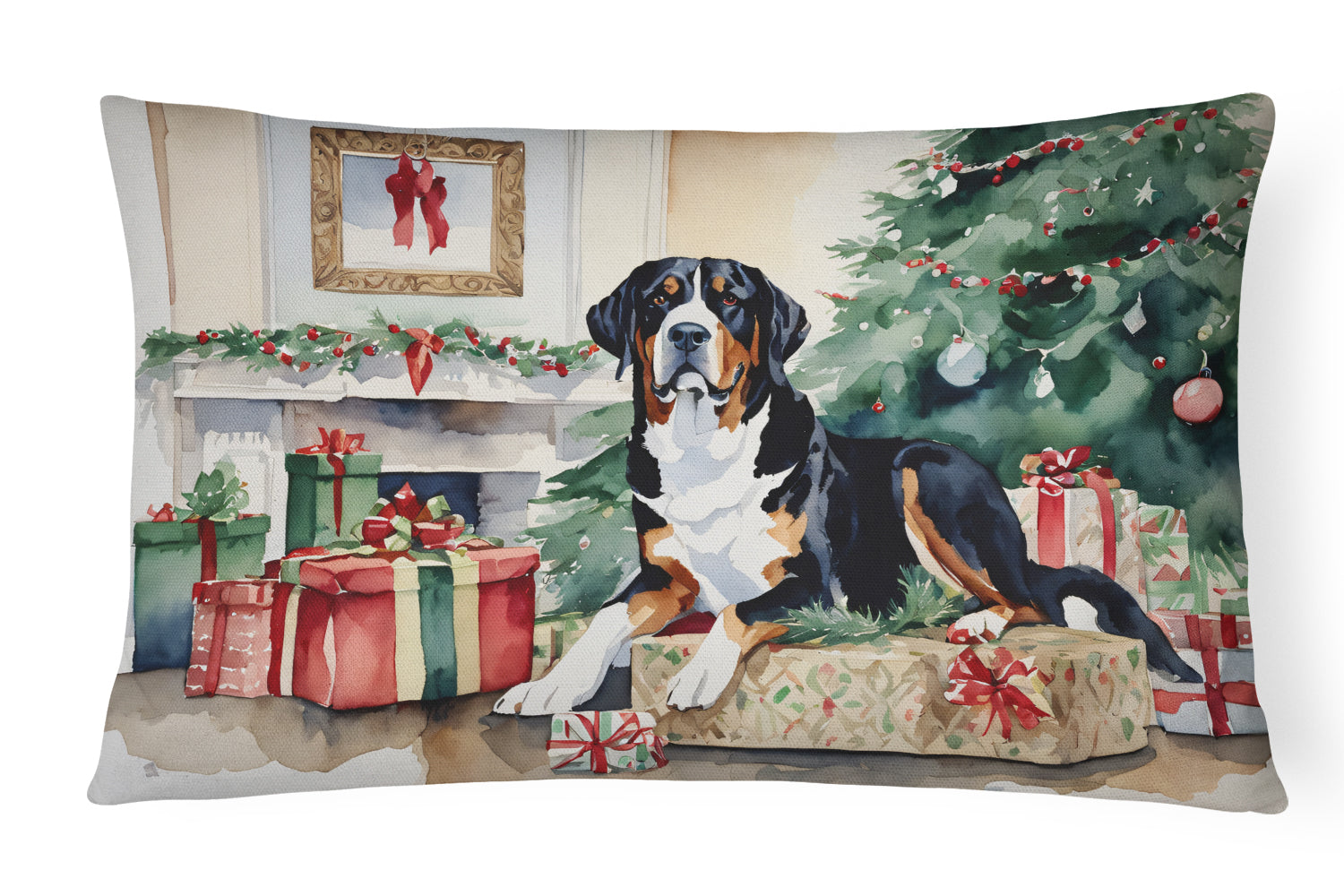 Greater Swiss Mountain Dog Cozy Christmas Decorative Throw Pillow 12x16 Indoor Outdoor Accent Cushion, Fabric Cover with Insert for Sofa, Bed, Porch & Living Room