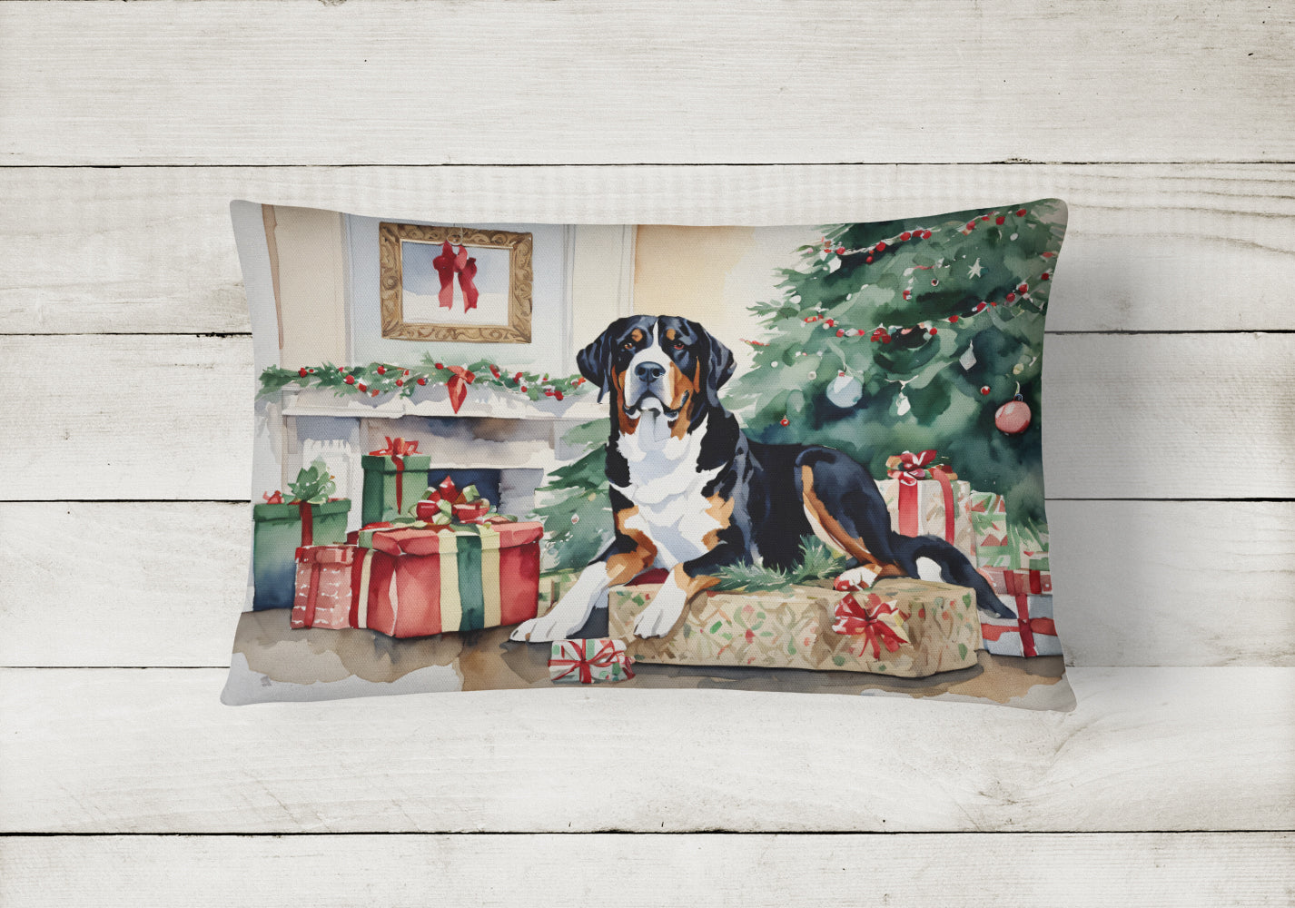 Greater Swiss Mountain Dog Cozy Christmas Decorative Throw Pillow 12x16 Indoor Outdoor Accent Cushion, Fabric Cover with Insert for Sofa, Bed, Porch & Living Room