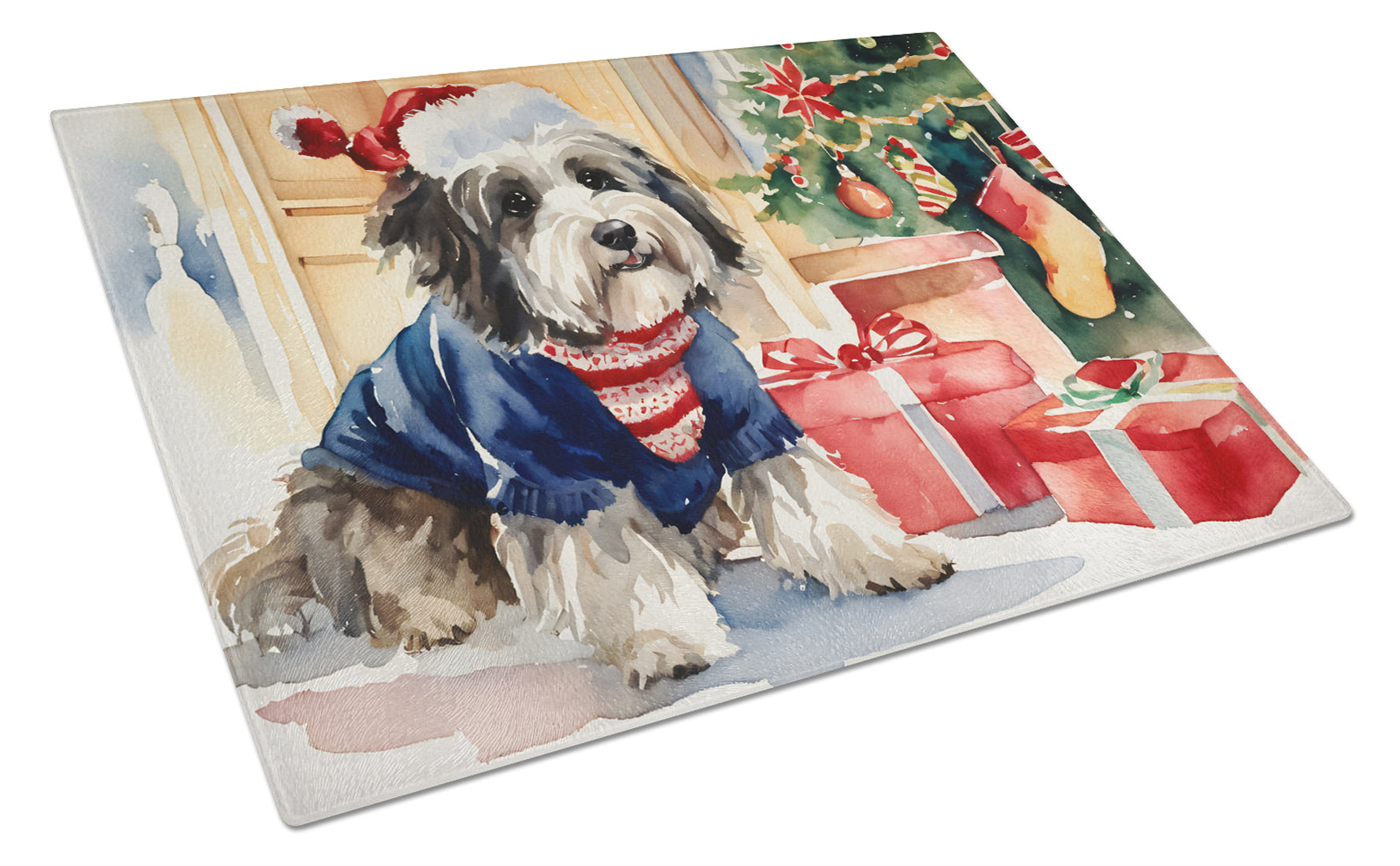 Havanese Cozy Christmas Cutting Board Tempered Glass Kitchen Cutting Surface, Heat Resistant Chopping, Non-Slip Feet, Food Prep & Serving
