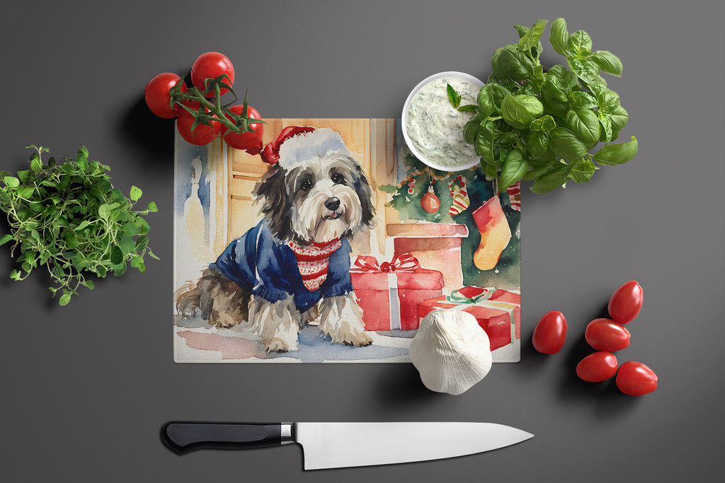 Havanese Cozy Christmas Cutting Board Tempered Glass Kitchen Cutting Surface, Heat Resistant Chopping, Non-Slip Feet, Food Prep & Serving