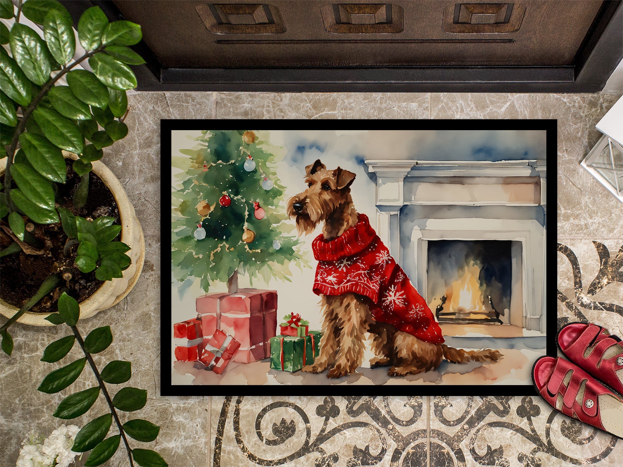 Irish Terrier Cozy Christmas Doormat Indoor Outdoor 24H X 36W Front Door Mat Rugs for Entryway, Non Slip Washable Low Pile,