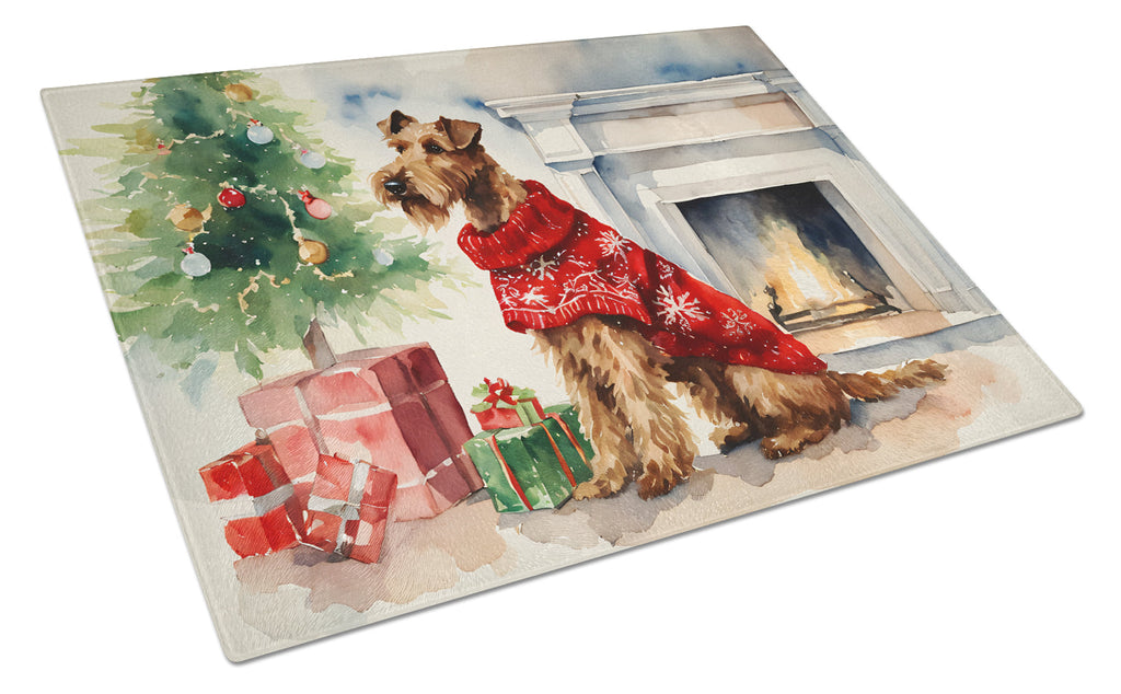 Irish Terrier Cozy Christmas Cutting Board Tempered Glass Kitchen Cutting Surface, Heat Resistant Chopping, Non-Slip Feet, Food Prep & Serving