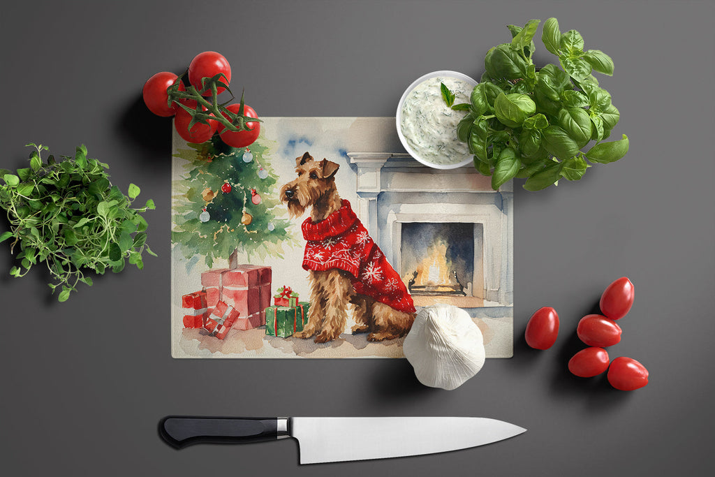 Irish Terrier Cozy Christmas Cutting Board Tempered Glass Kitchen Cutting Surface, Heat Resistant Chopping, Non-Slip Feet, Food Prep & Serving