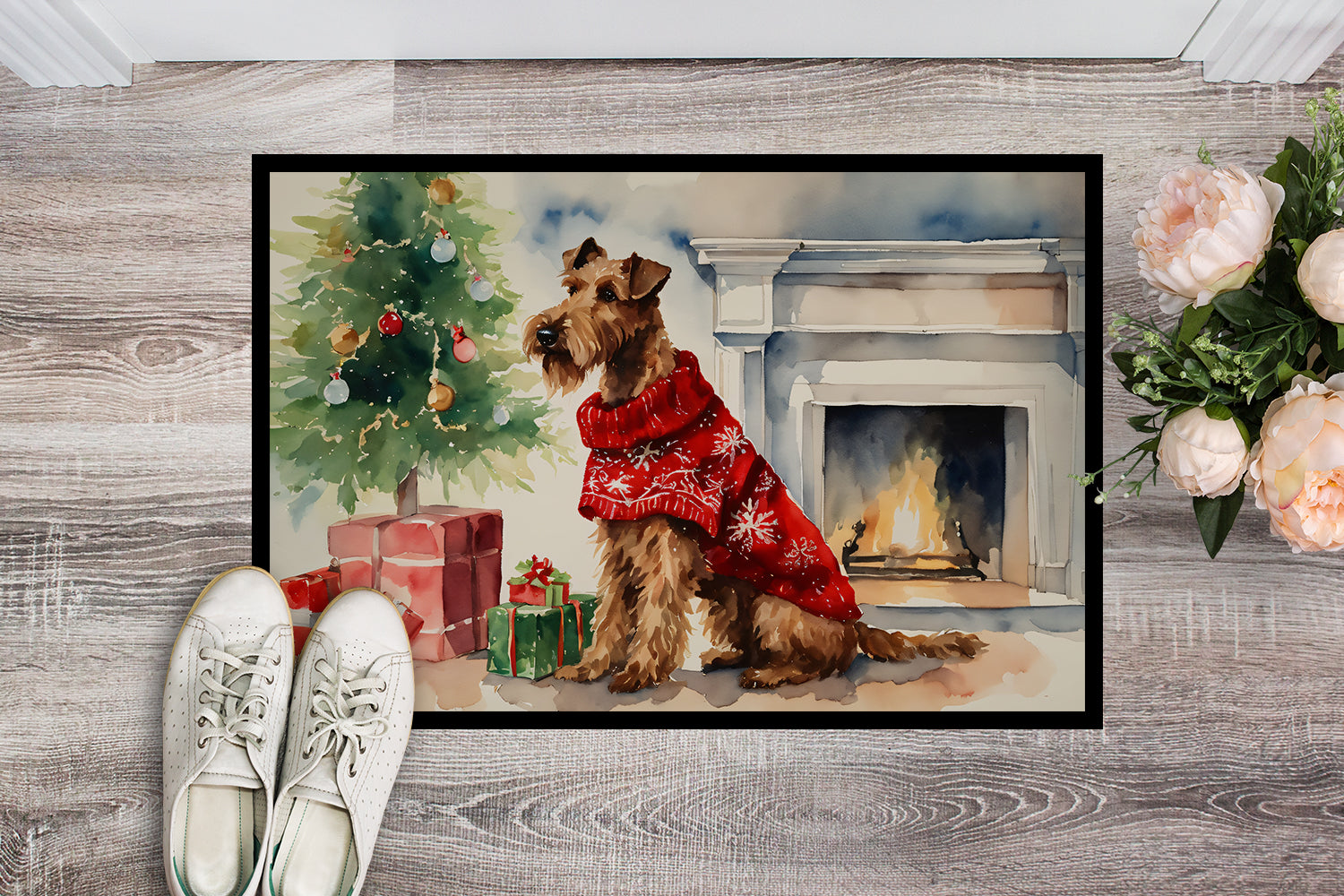 Irish Terrier Cozy Christmas Doormat Indoor Outdoor 18H X 27W Front Door Mat Rugs for Entryway, Non Slip Washable