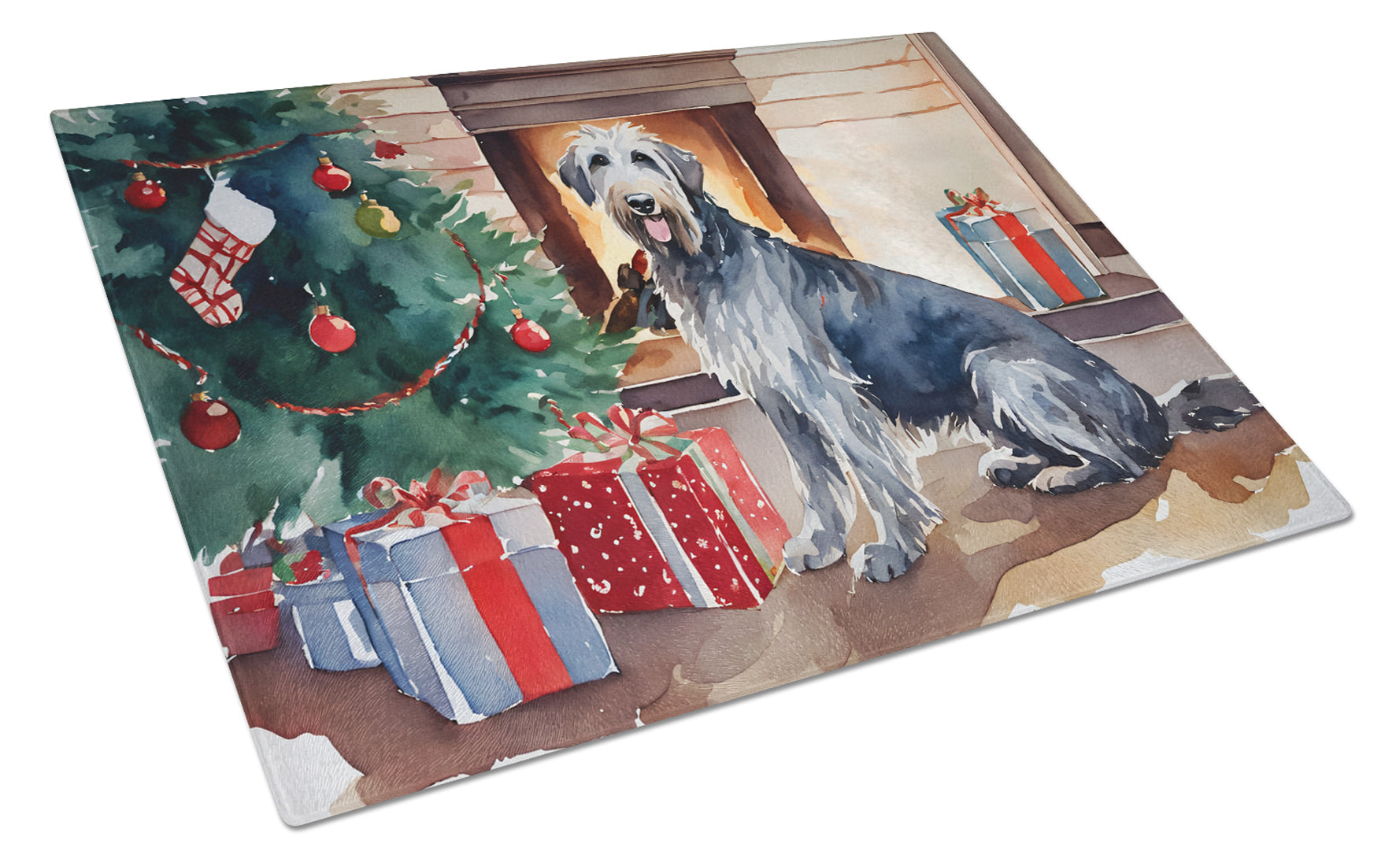 Irish Wolfhound Cozy Christmas Cutting Board Tempered Glass Kitchen Cutting Surface, Heat Resistant Chopping, Non-Slip Feet, Food Prep & Serving