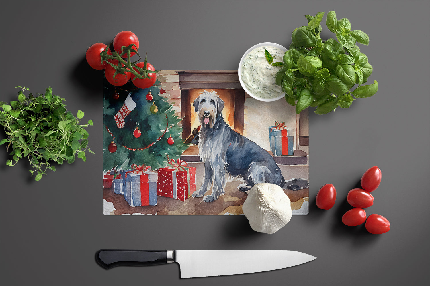 Irish Wolfhound Cozy Christmas Cutting Board Tempered Glass Kitchen Cutting Surface, Heat Resistant Chopping, Non-Slip Feet, Food Prep & Serving