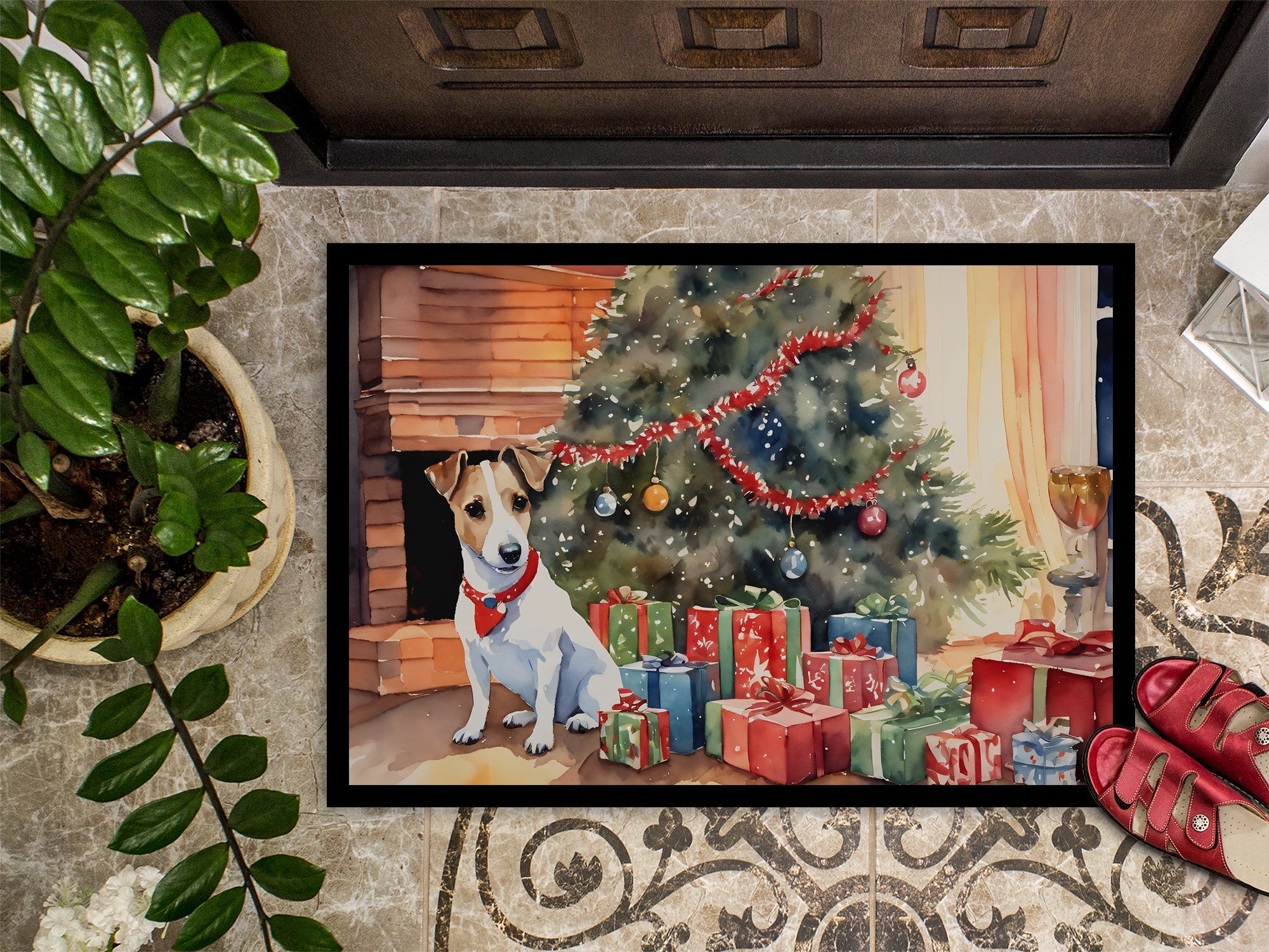 Jack Russell Terrier Cozy Christmas Doormat Indoor Outdoor 24H X 36W Front Door Mat Rugs for Entryway, Non Slip Washable Low Pile,