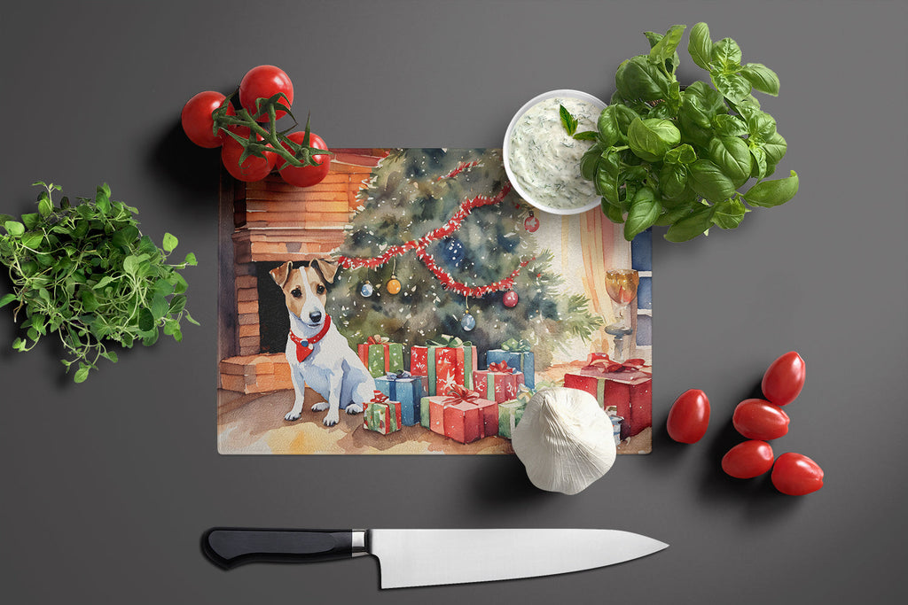 Jack Russell Terrier Cozy Christmas Cutting Board Tempered Glass Kitchen Cutting Surface, Heat Resistant Chopping, Non-Slip Feet, Food Prep & Serving