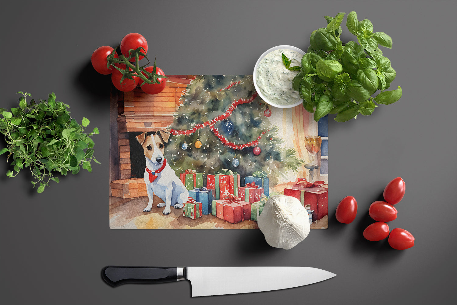 Jack Russell Terrier Cozy Christmas Cutting Board Tempered Glass Kitchen Cutting Surface, Heat Resistant Chopping, Non-Slip Feet, Food Prep & Serving