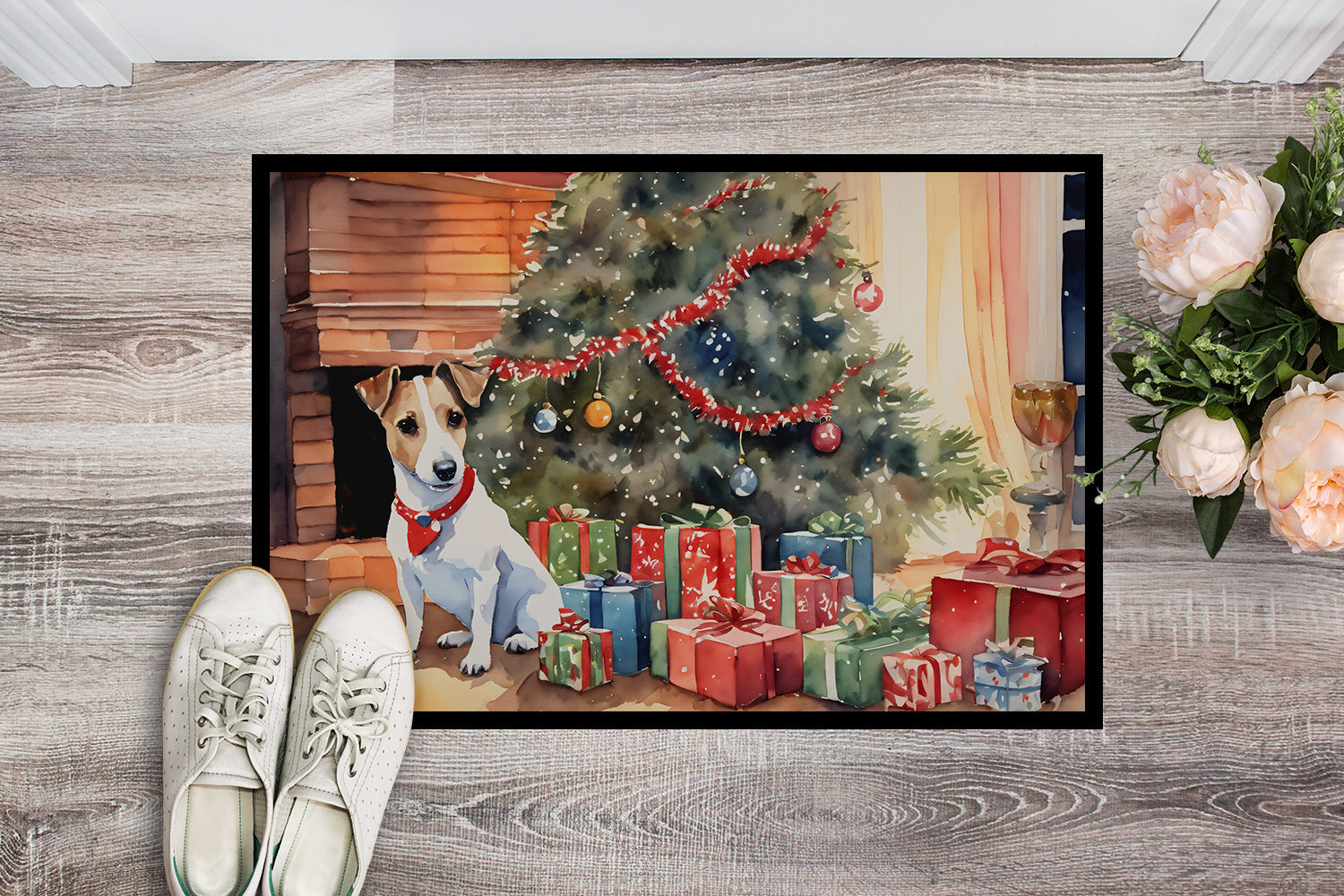 Jack Russell Terrier Cozy Christmas Doormat Indoor Outdoor 18H X 27W Front Door Mat Rugs for Entryway, Non Slip Washable