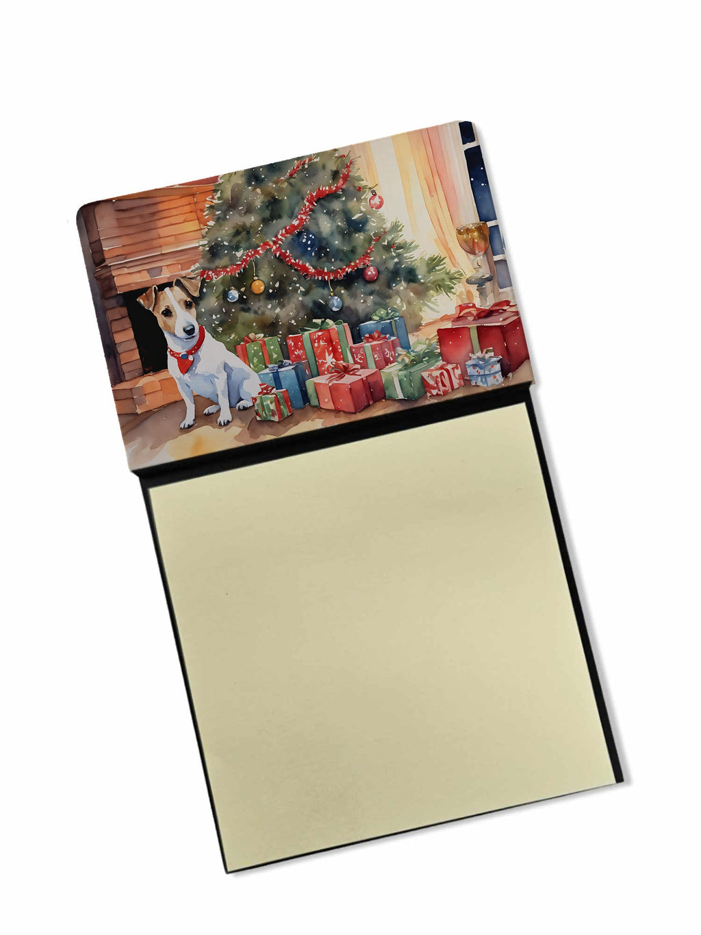 Jack Russell Terrier Cozy Christmas Watercolor Sticky Note Holder Refillable Dispenser Desk Accessory 3x3 Pad Gift