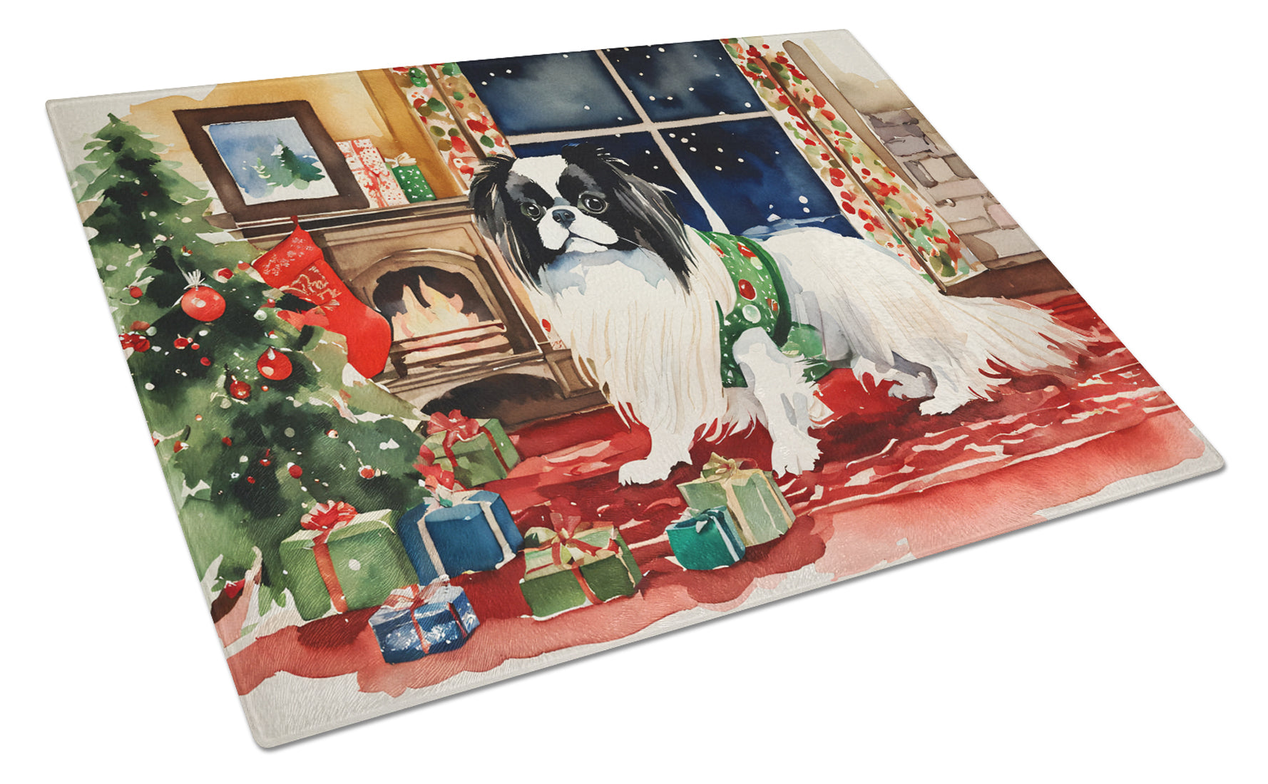 Japanese Chin Cozy Christmas Cutting Board Tempered Glass Kitchen Cutting Surface, Heat Resistant Chopping, Non-Slip Feet, Food Prep & Serving