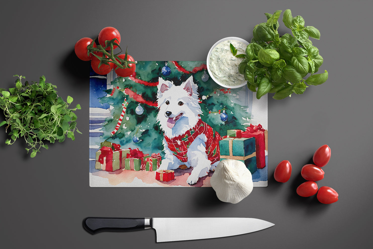 Japanese Spitz Cozy Christmas Cutting Board Tempered Glass Kitchen Cutting Surface, Heat Resistant Chopping, Non-Slip Feet, Food Prep & Serving
