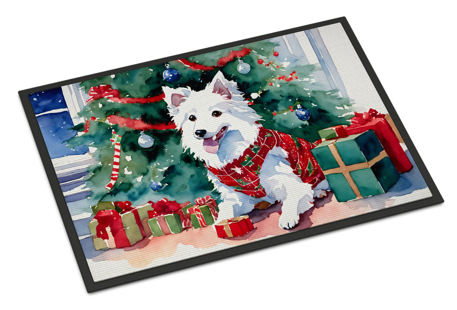 Japanese Spitz Cozy Christmas Doormat Indoor Outdoor 18H X 27W Front Door Mat Rugs for Entryway, Non Slip Washable