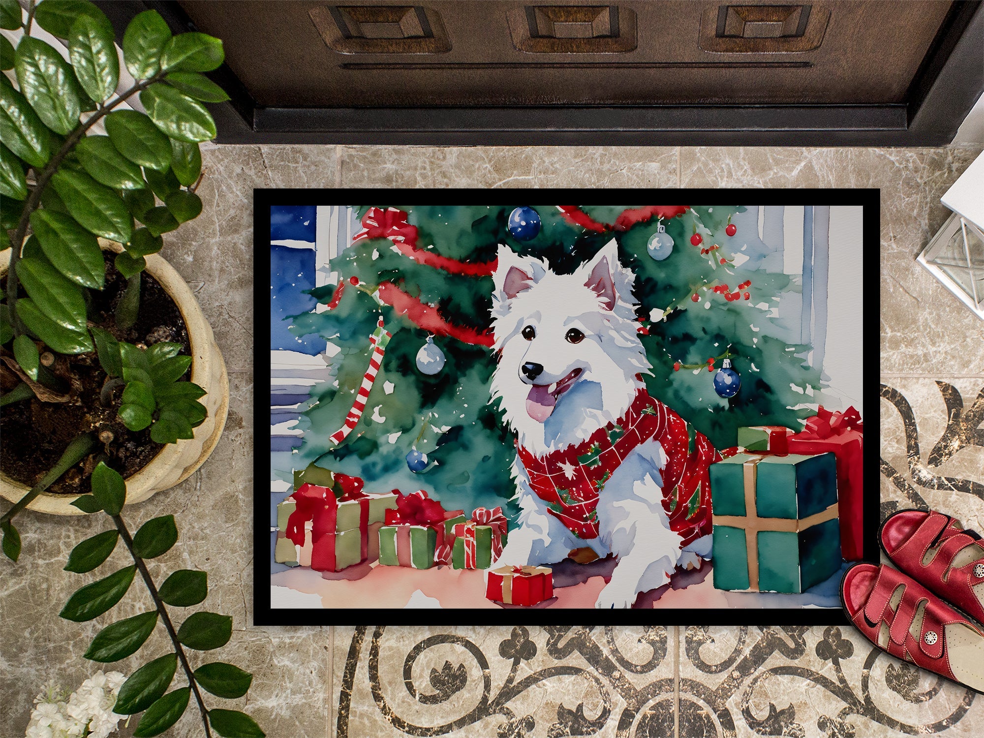 Japanese Spitz Cozy Christmas Doormat Indoor Outdoor 18H X 27W Front Door Mat Rugs for Entryway, Non Slip Washable