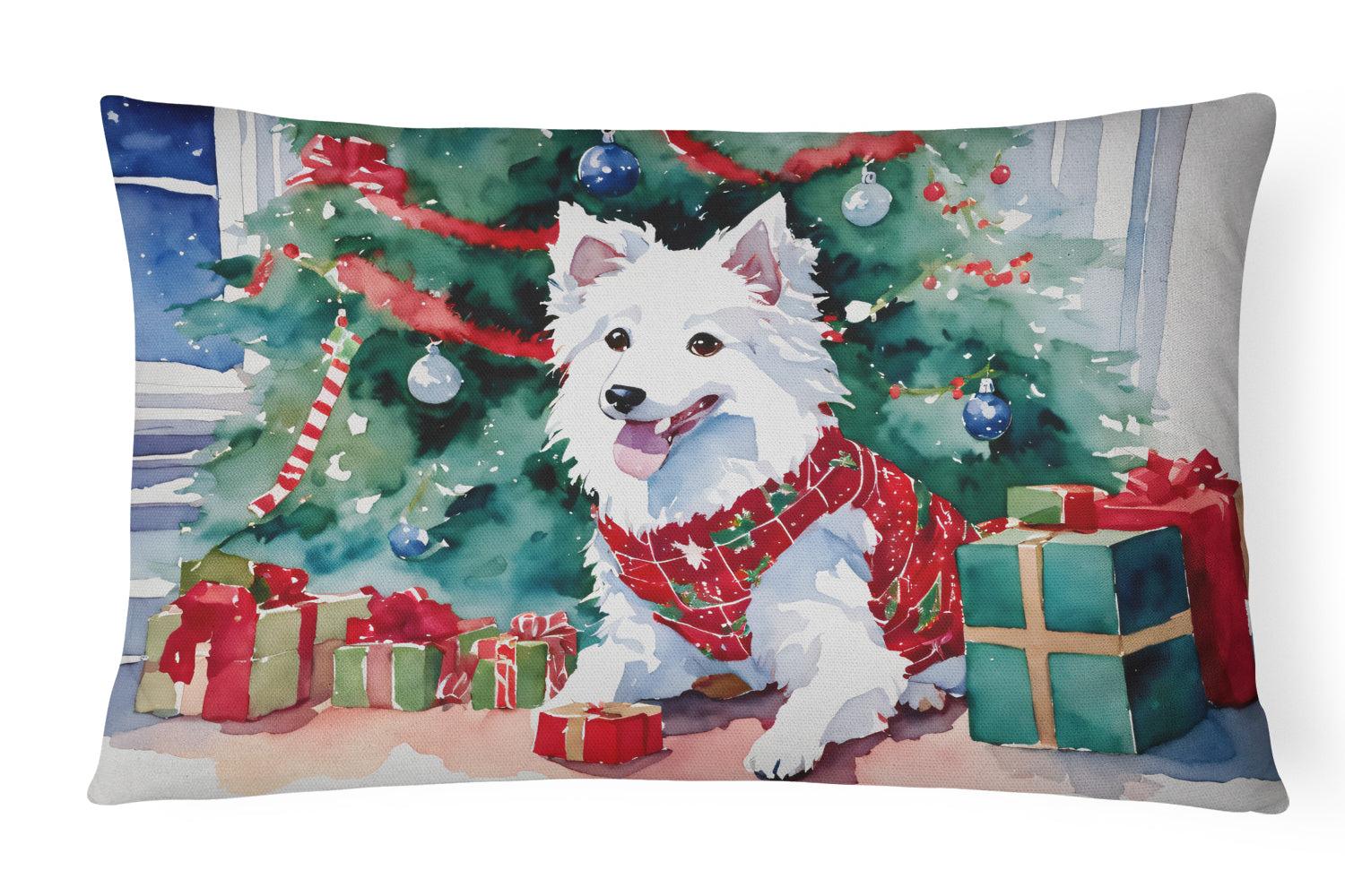 Japanese Spitz Cozy Christmas Decorative Throw Pillow 12x16 Indoor Outdoor Accent Cushion, Fabric Cover with Insert for Sofa, Bed, Porch & Living Room