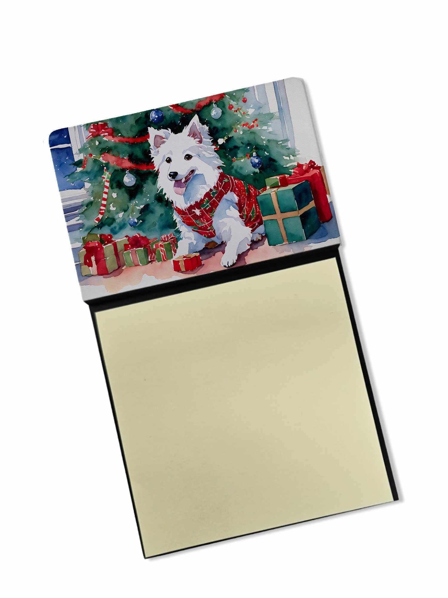 Japanese Spitz Cozy Christmas Watercolor Sticky Note Holder Refillable Dispenser Desk Accessory 3x3 Pad Gift