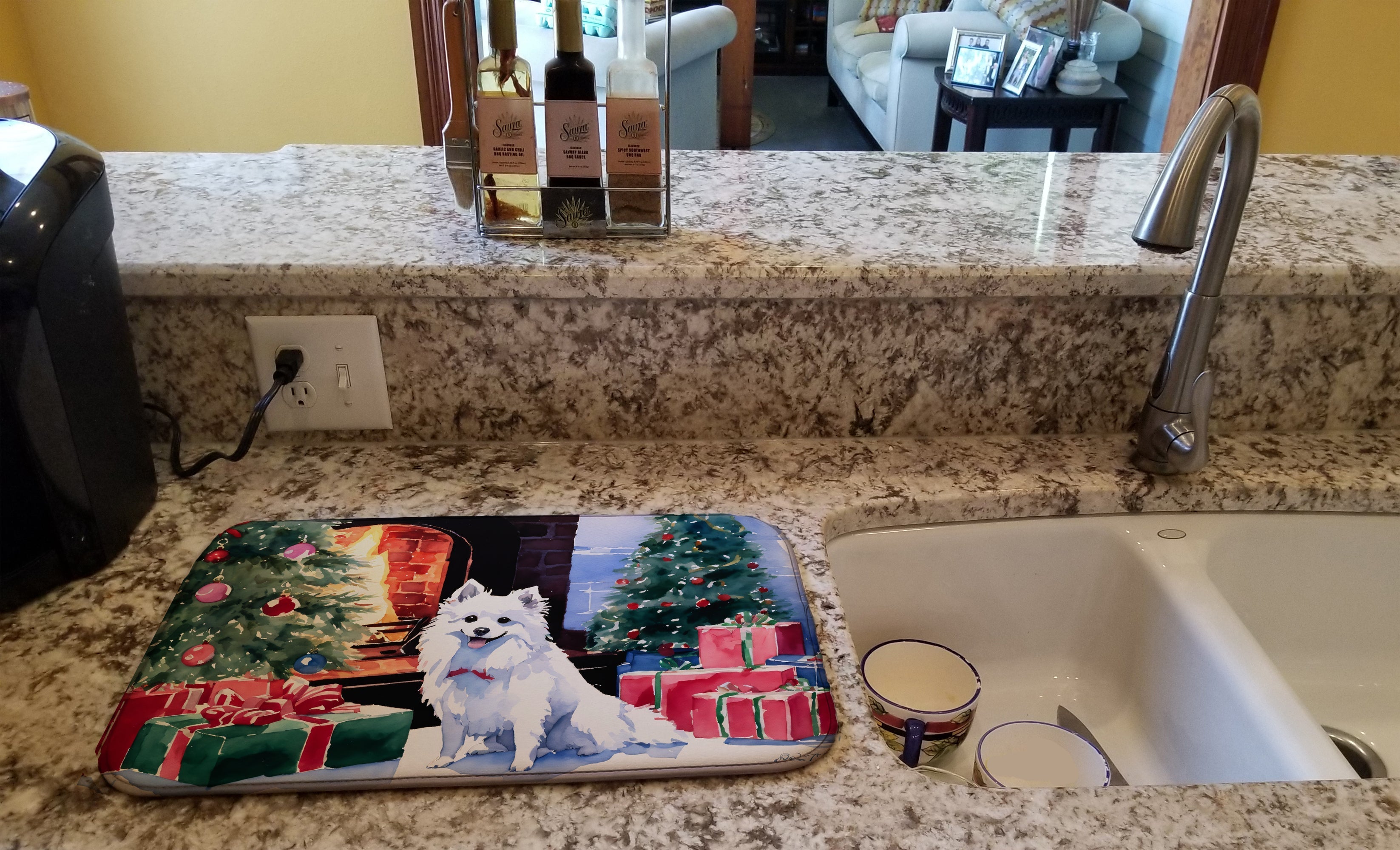 Japanese Spitz Cozy Christmas Dish Drying Mat Absorbent Dish Drying Mat Pad for Kitchen Counter Dish Drainer Mat for Countertop, 14 x 21", Multicolor