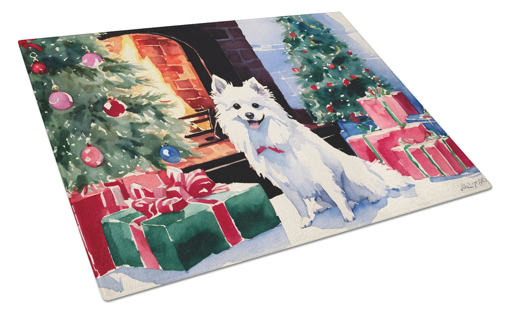 Japanese Spitz Cozy Christmas Cutting Board Tempered Glass Kitchen Cutting Surface, Heat Resistant Chopping, Non-Slip Feet, Food Prep & Serving